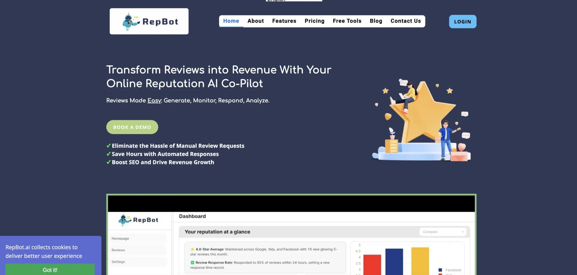 RepBot homepage screenshot — Transform reviews into revenue with AI-powered reputation ma