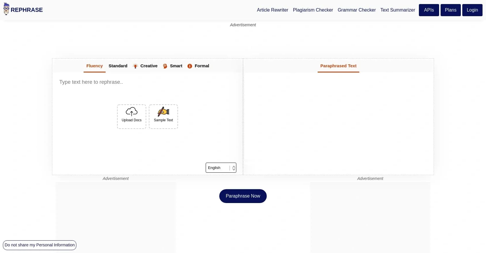 Rephrase.info homepage screenshot — Effortlessly rephrase sentences with AI.