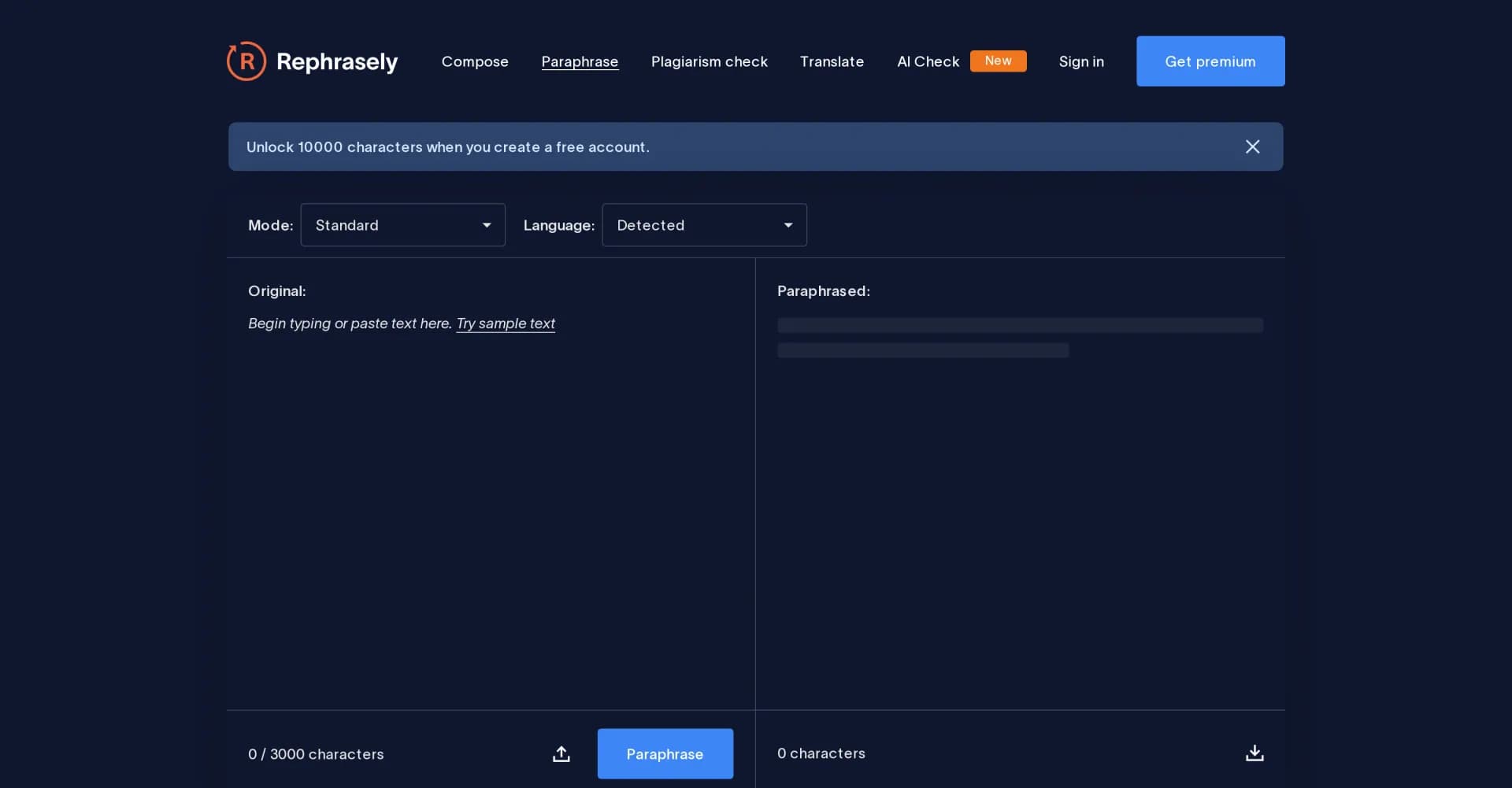 Rephrasely homepage screenshot — Rewrite text in 12 free modes across languages