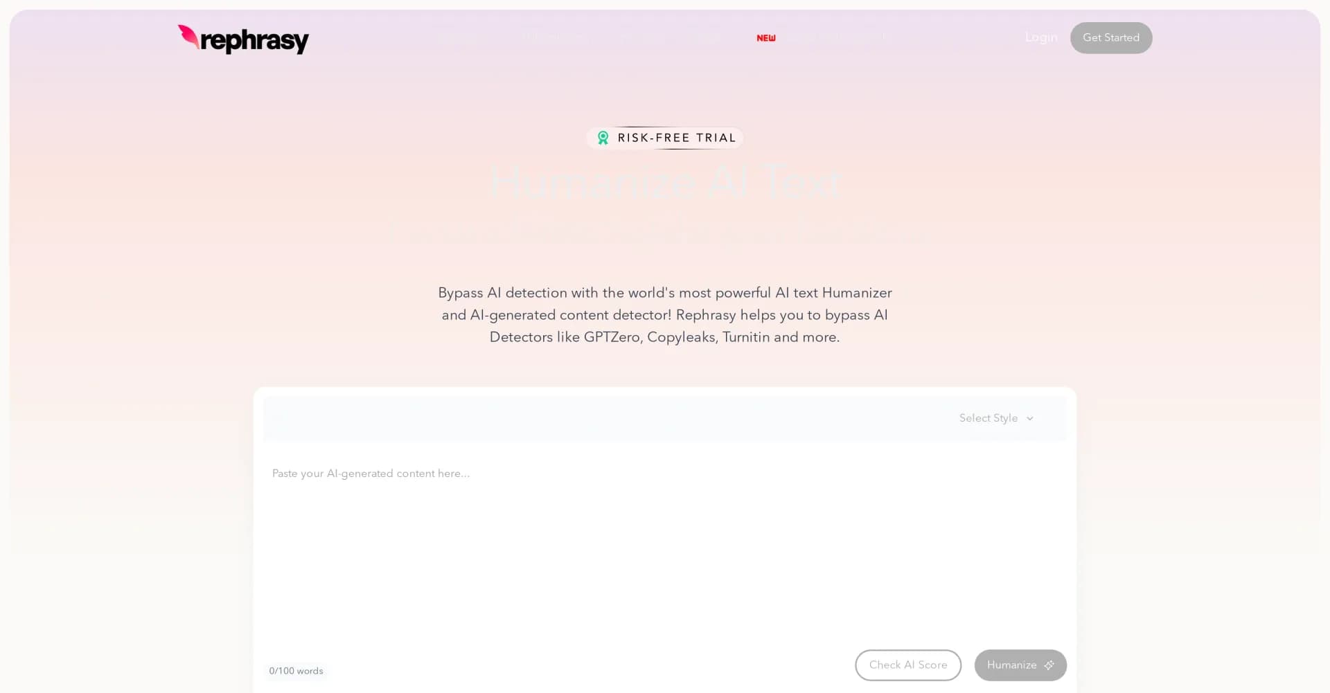 Rephrasy homepage screenshot — Humanize AI text to bypass detection
