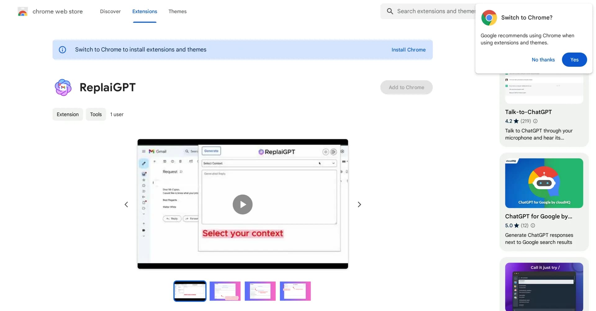 ReplaiGPT homepage screenshot — Generate personalized email replies.