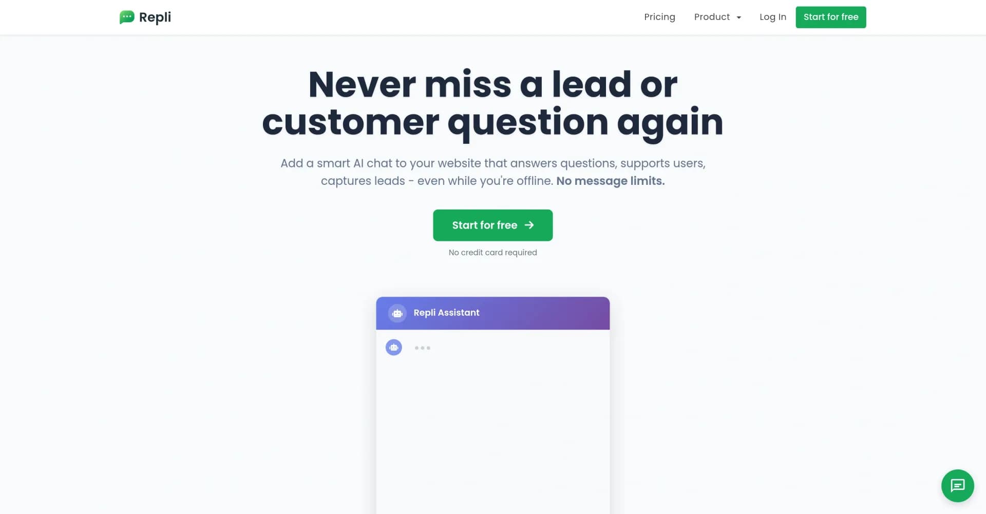 Repli homepage screenshot — Smart AI chat for 24/7 customer support and lead capture