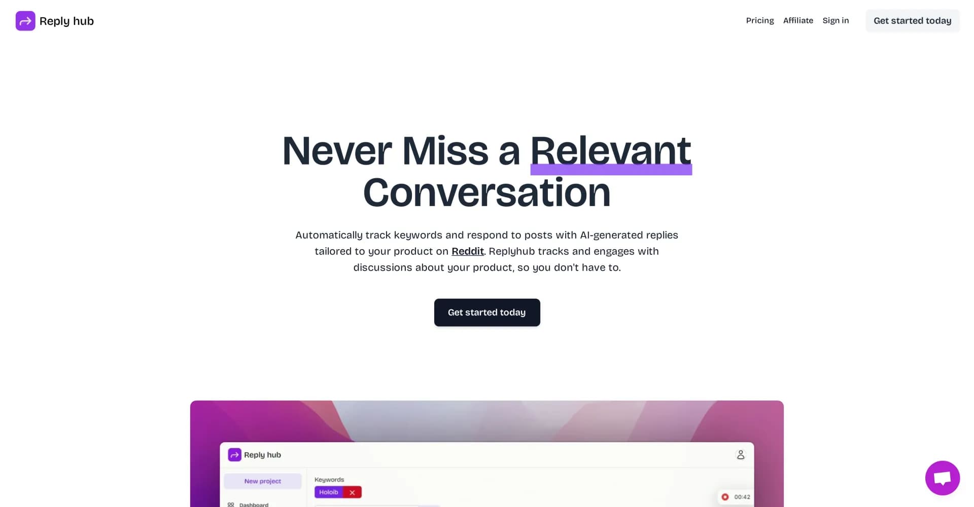 Reply Hub homepage screenshot — Automatically track keywords and respond with AI-generated r