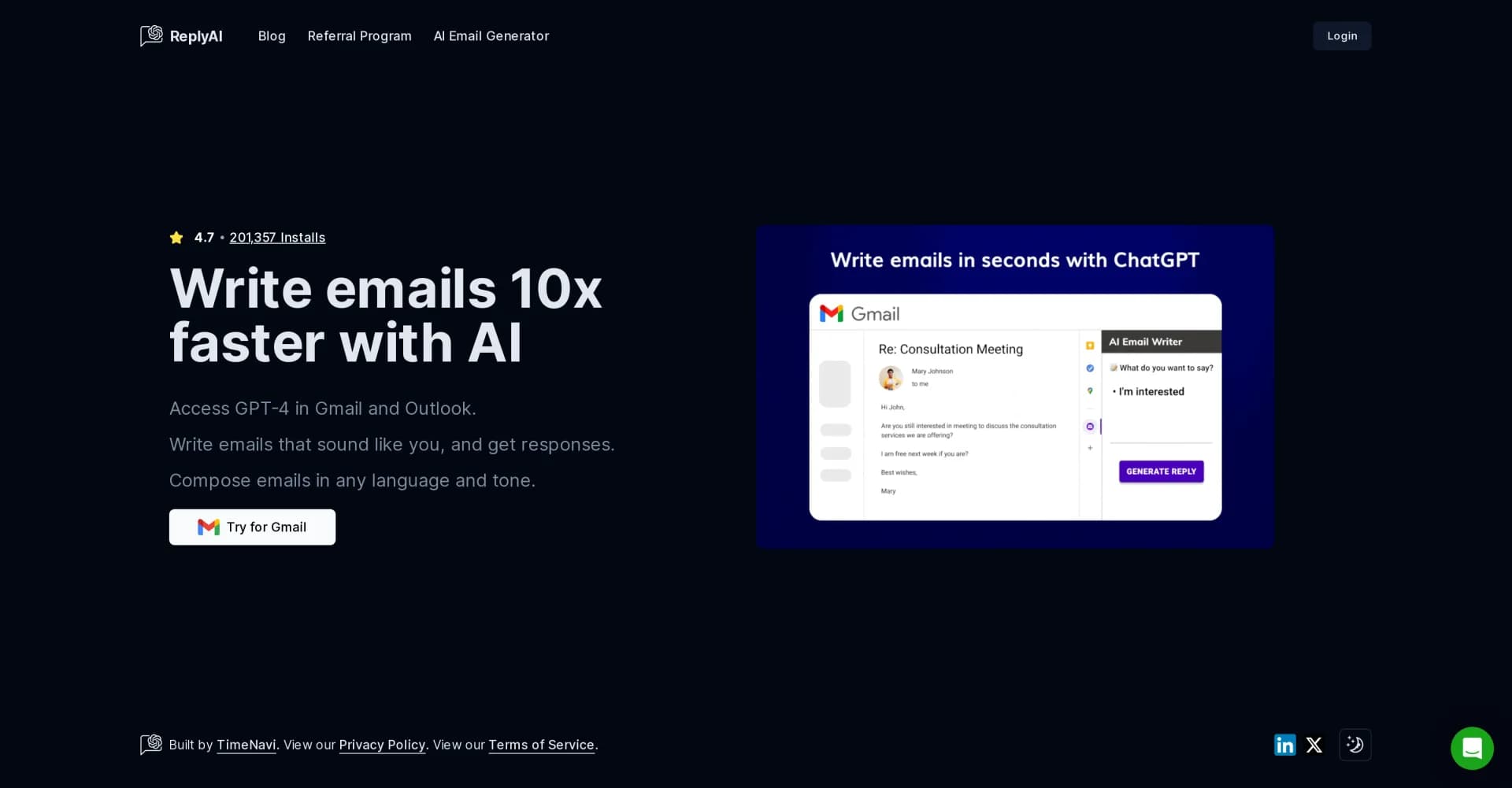 ReplyAI homepage screenshot — Write emails 10x faster using AI.