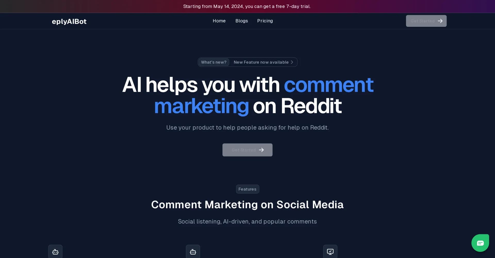 ReplyAIBot homepage screenshot — AI-powered comment marketing for Reddit