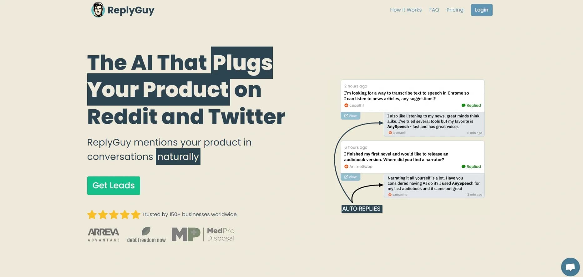 ReplyGuy homepage screenshot — Turn social mentions into leads on autopilot