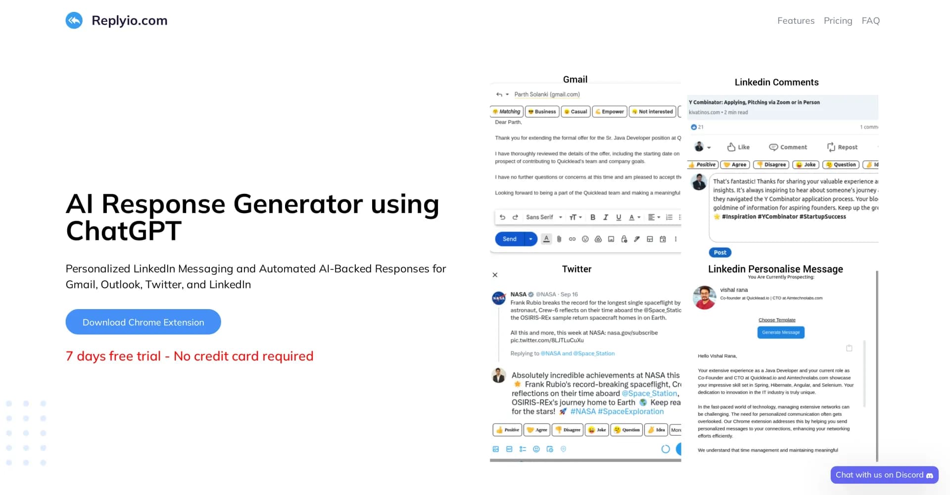 Replyio homepage screenshot — AI-powered personalized responses for social and email