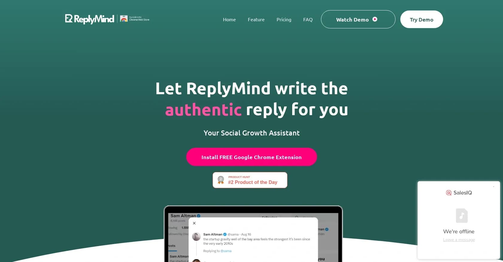 ReplyMind homepage screenshot — Generate thoughtful replies to boost your social presence.