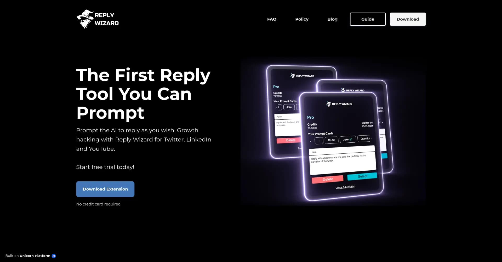 ReplyWizard homepage screenshot — Prompt AI to grow your social media 10x faster