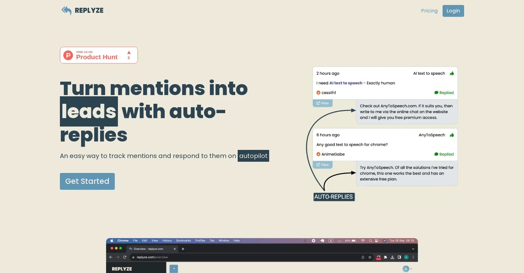 Replyze homepage screenshot — Turn mentions into leads with auto-replies