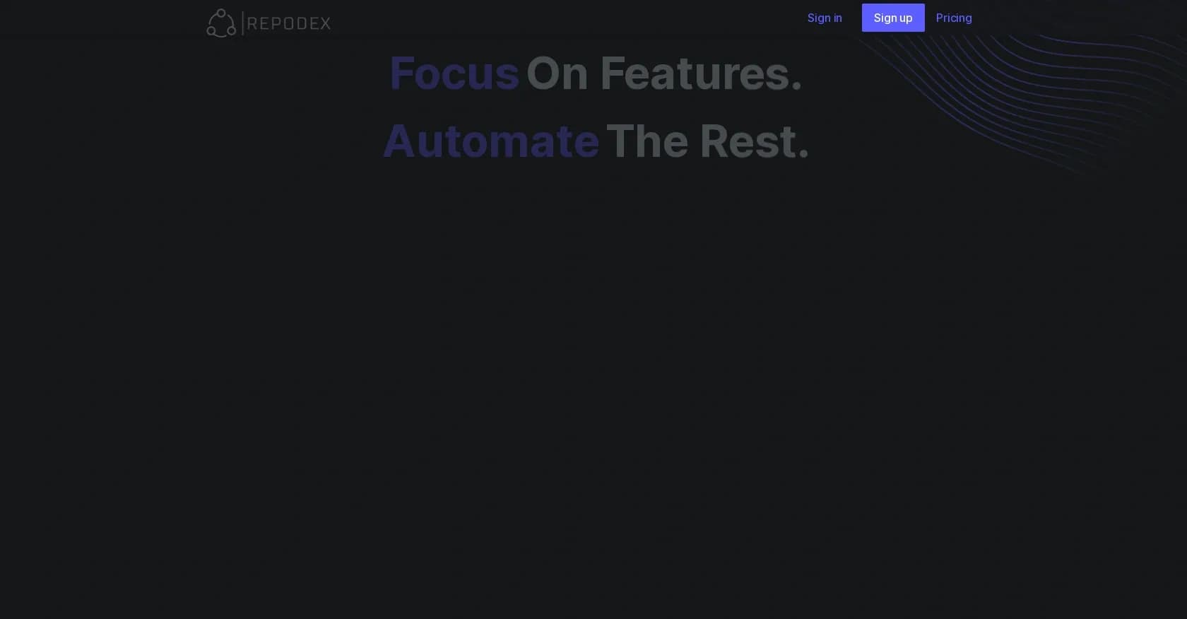 Repodex homepage screenshot — Automate software development from code reviews to bugfixes.