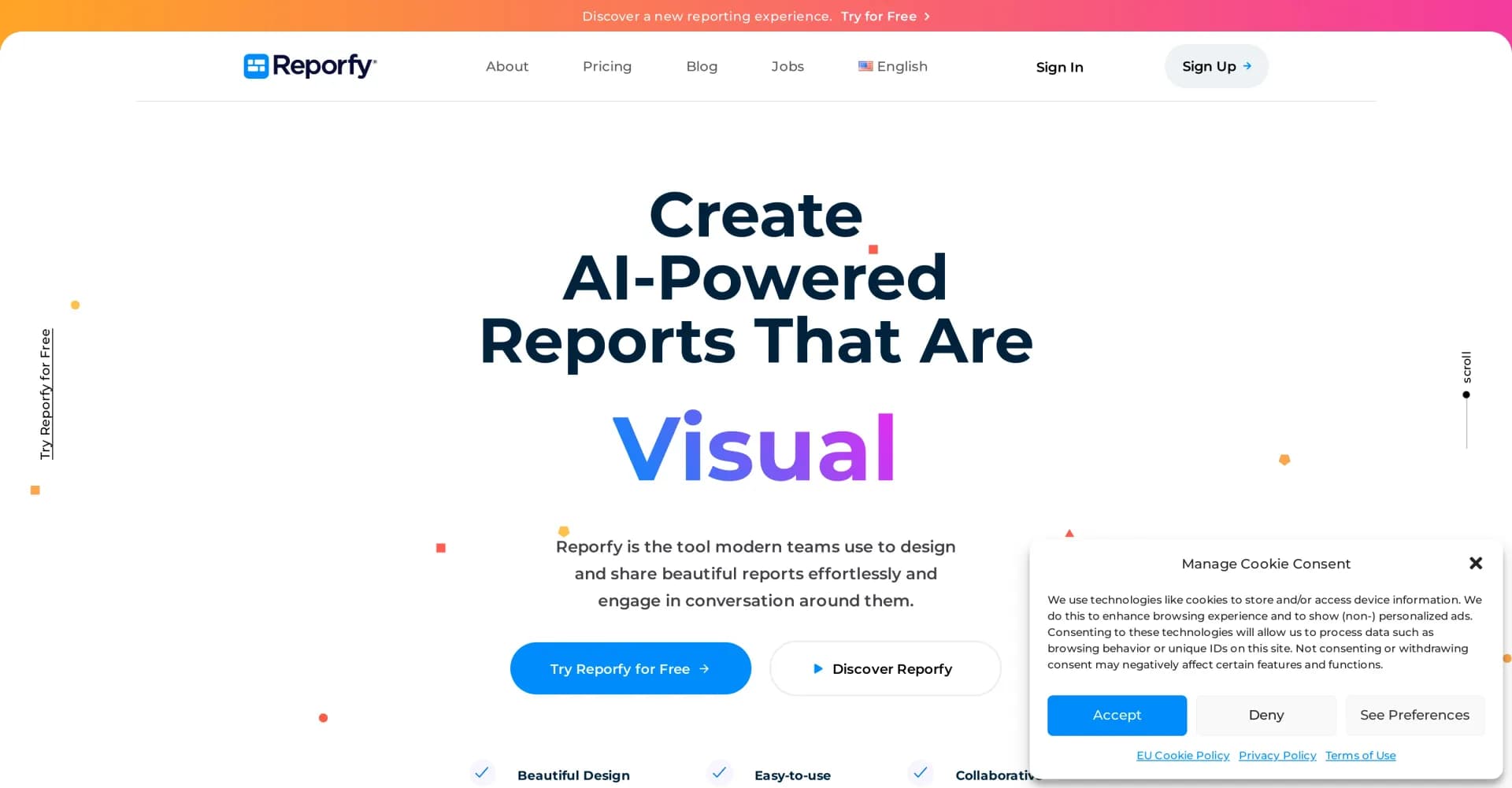 Reporfy homepage screenshot — Create AI-powered reports beautifully and effortlessly.