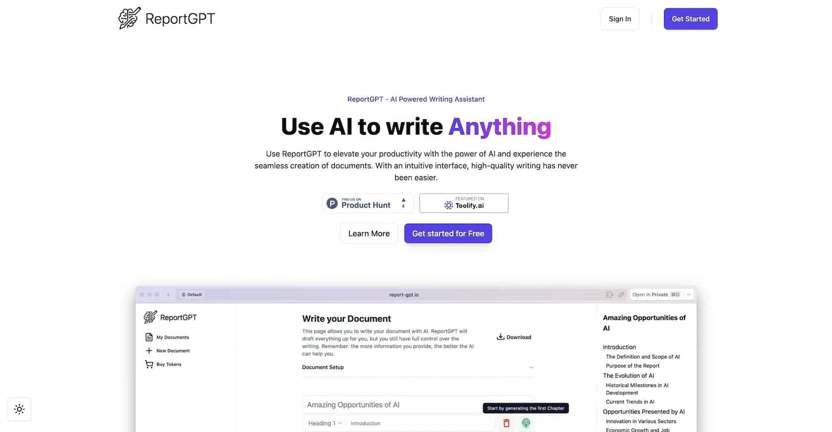 ReportGPT homepage screenshot — Elevate your document writing with AI