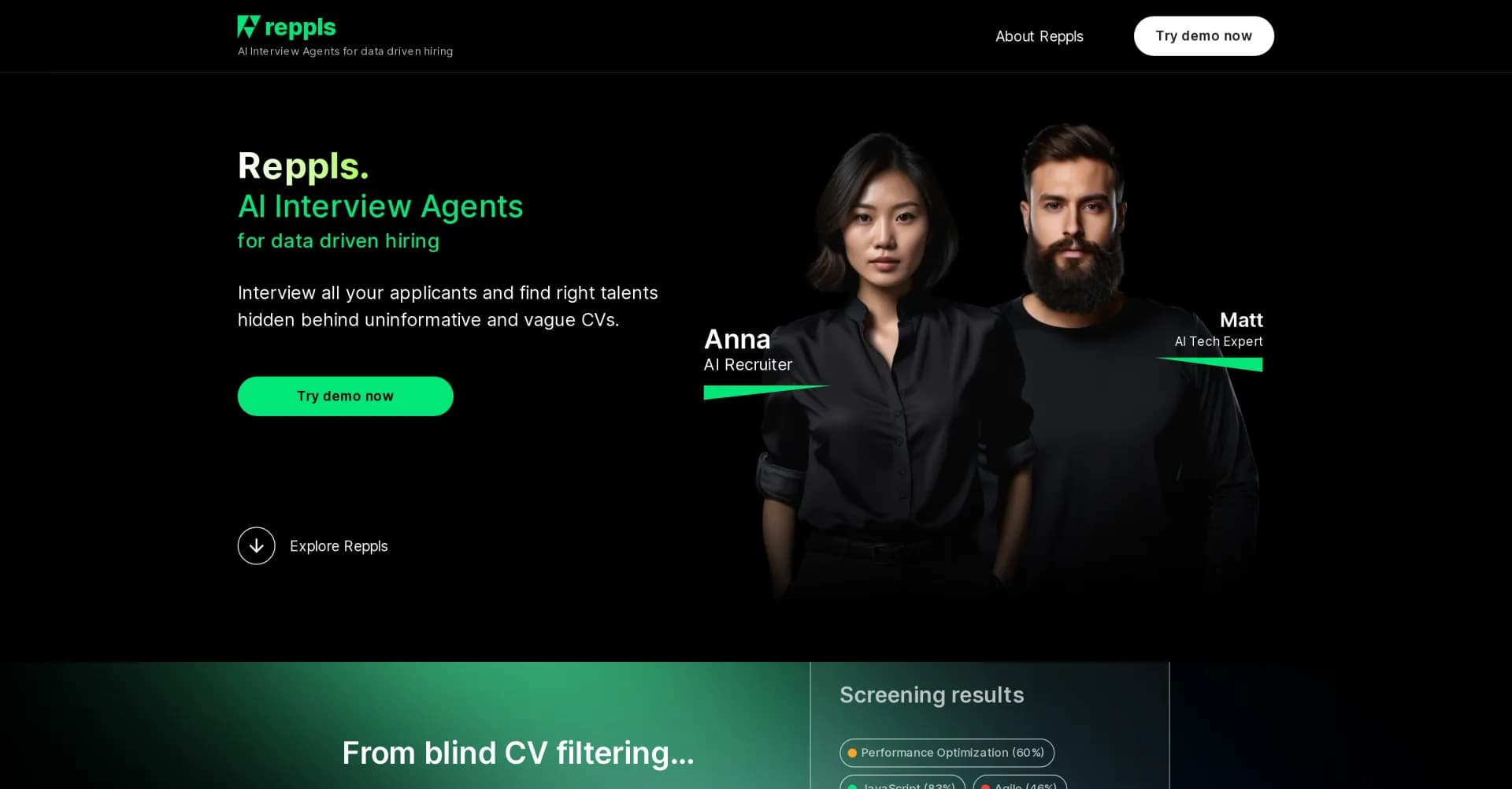 Reppls homepage screenshot — AI Interview Agents for data-driven hiring