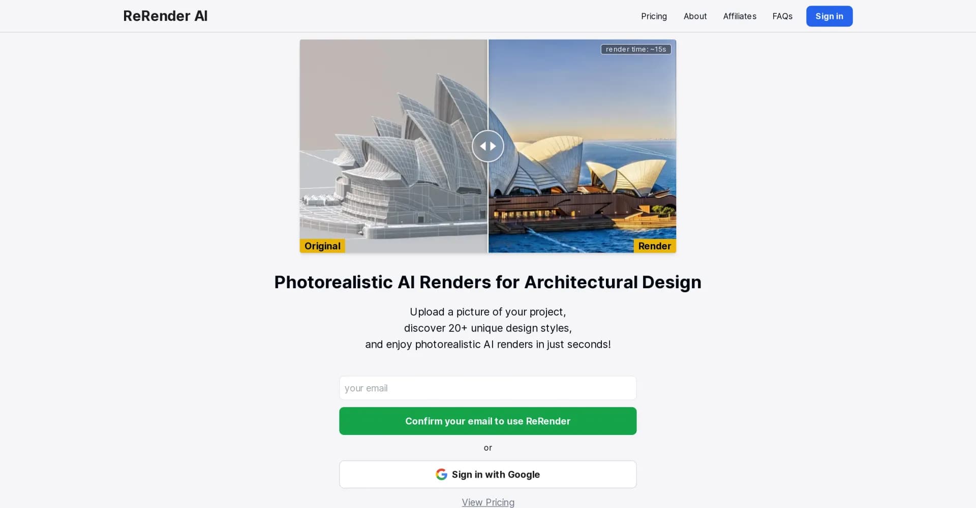 ReRender AI homepage screenshot — Instant photorealistic renders for architectural designs.