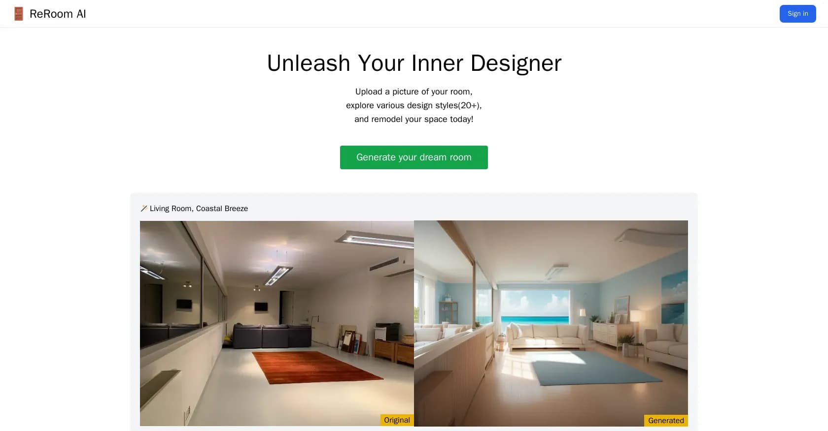 Reroom homepage screenshot — Transform rooms with AI-generated designs.