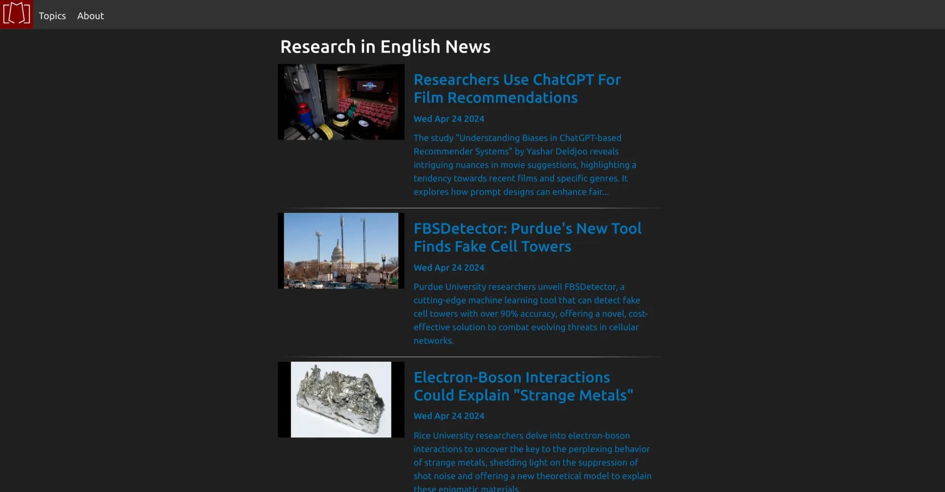 Research in English homepage screenshot — Decoding research news for everyone