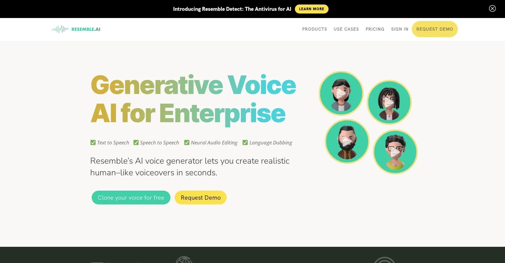 Resemble.ai homepage screenshot — Clone your voice with AI for realistic speech generation