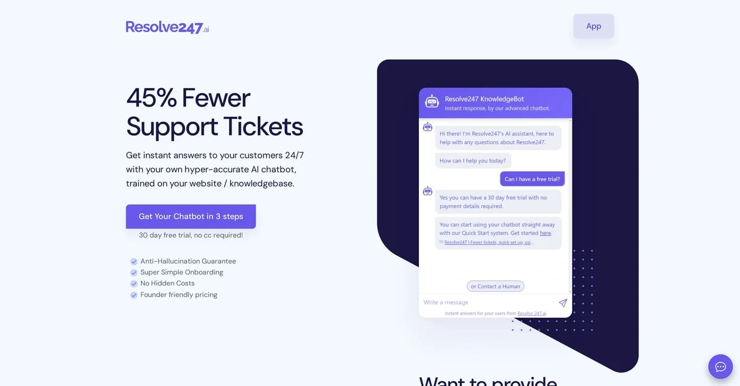 Resolve247 homepage screenshot — Reduce support tickets with AI-powered 24/7 customer chat