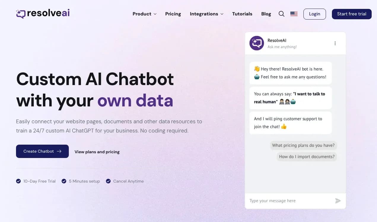 ResolveAIv2.0 homepage screenshot — Custom AI Chatbot with your own data, personality & branding