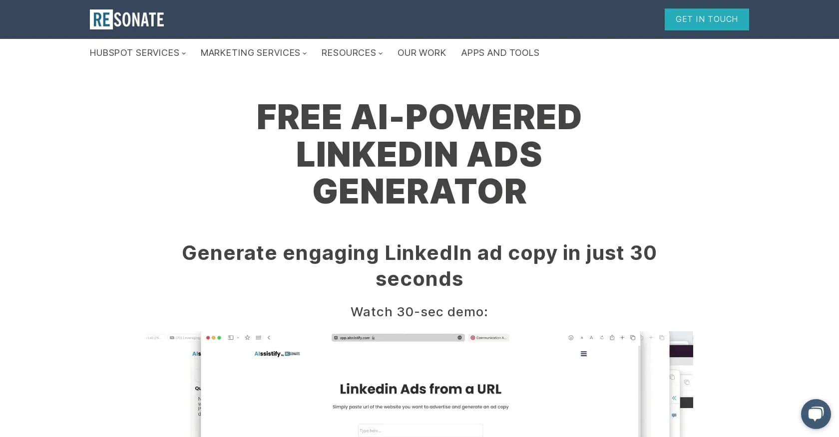 Resonate homepage screenshot — Generate powerful LinkedIn Ads for B2B instantly.