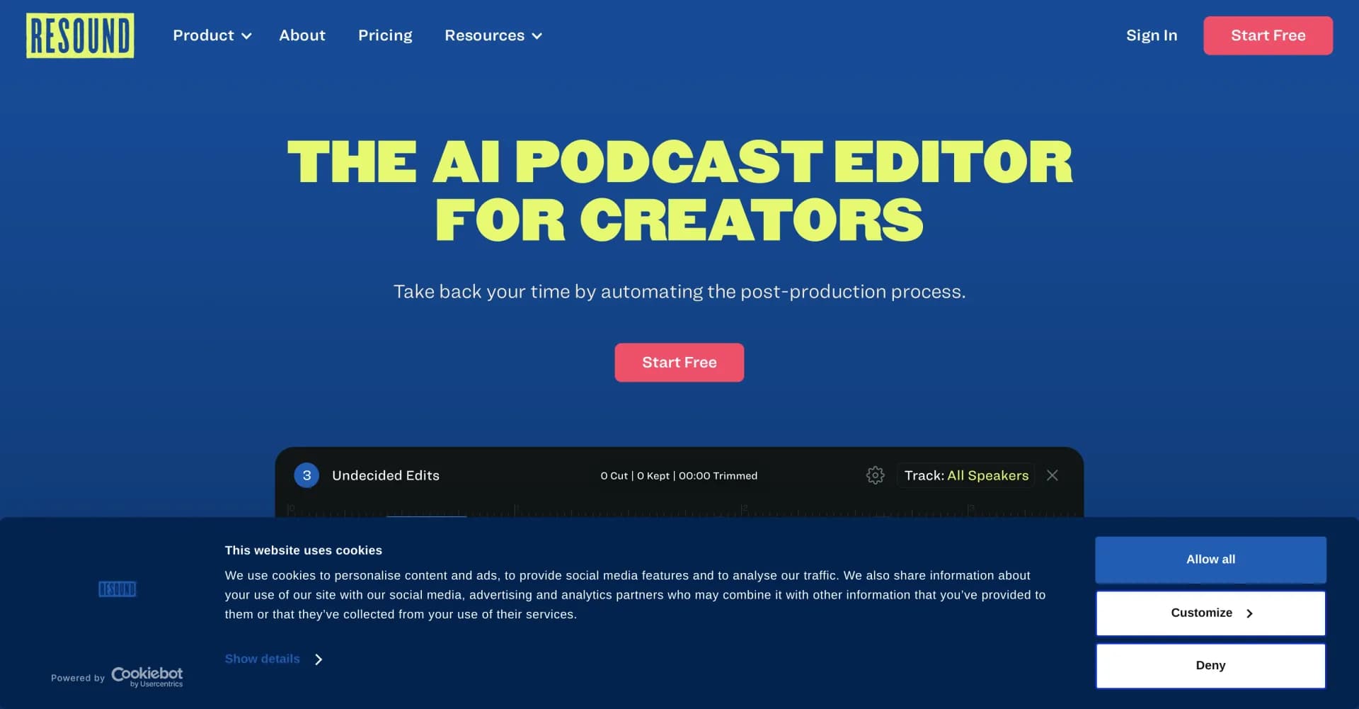 Resound homepage screenshot — Edit podcasts in minutes, not hours.