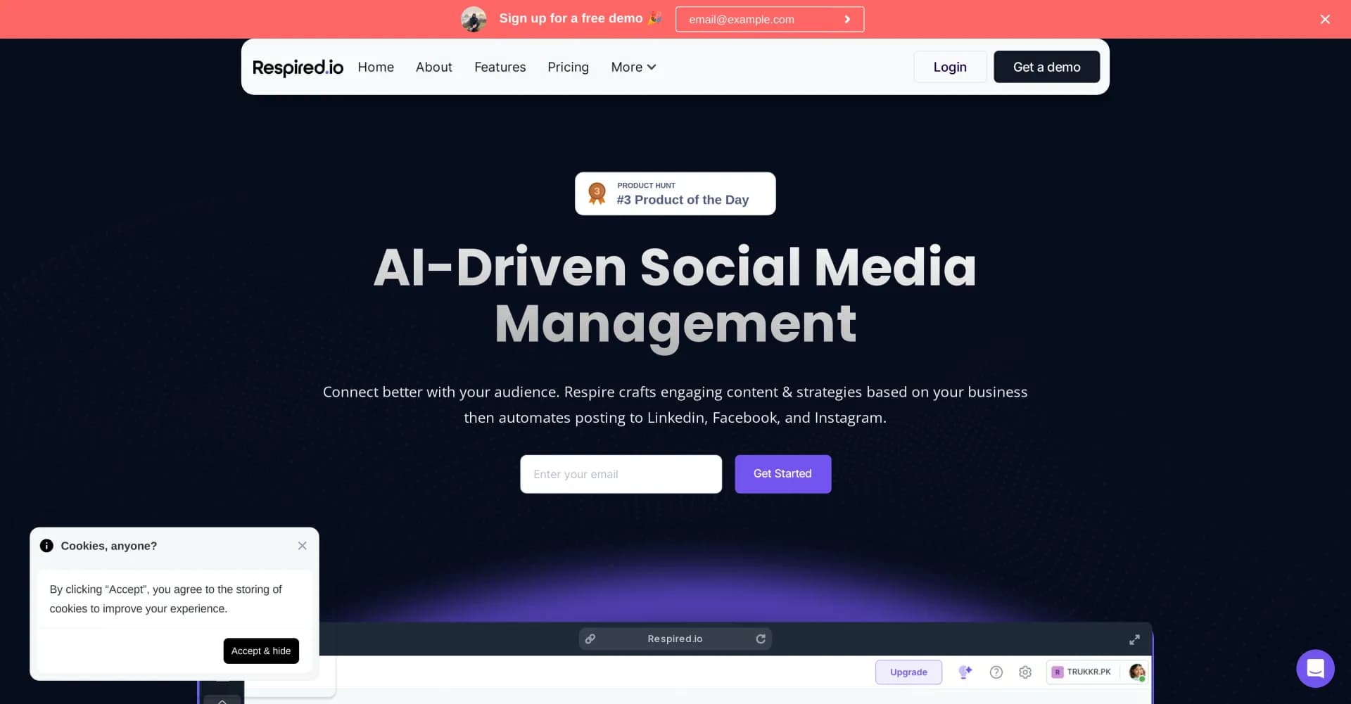Respired homepage screenshot — AI-driven social media management for impactful results