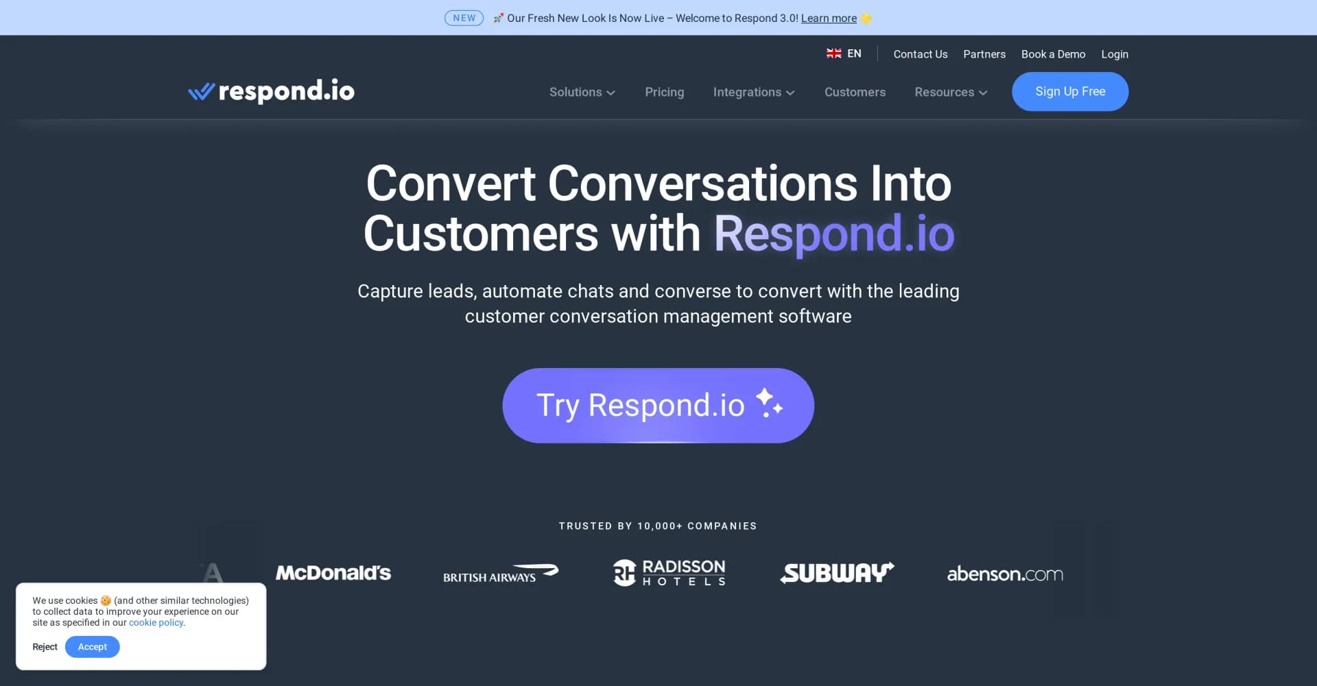 Respond.io homepage screenshot — AI-powered customer conversation management across channels