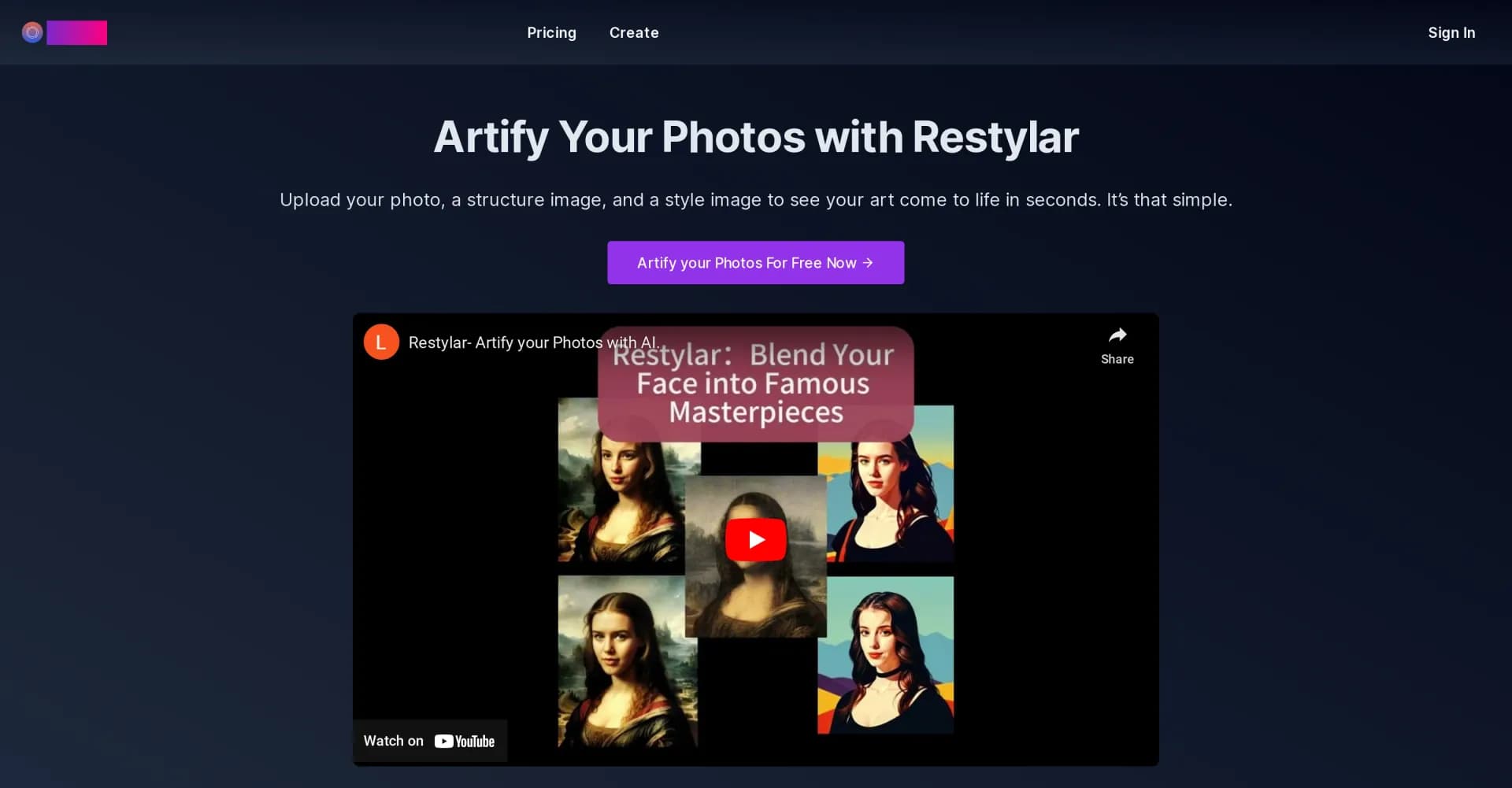 Restylar homepage screenshot — Transform photos into personalized artistic masterpieces.