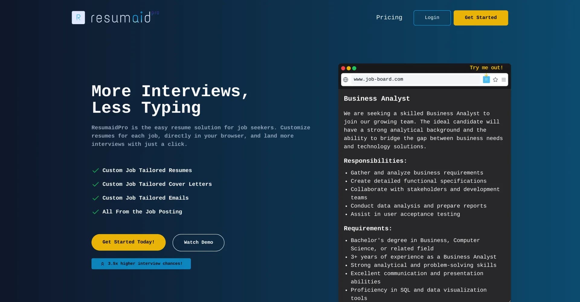 ResumaidPro homepage screenshot — Tailor resumes instantly to land more interviews.