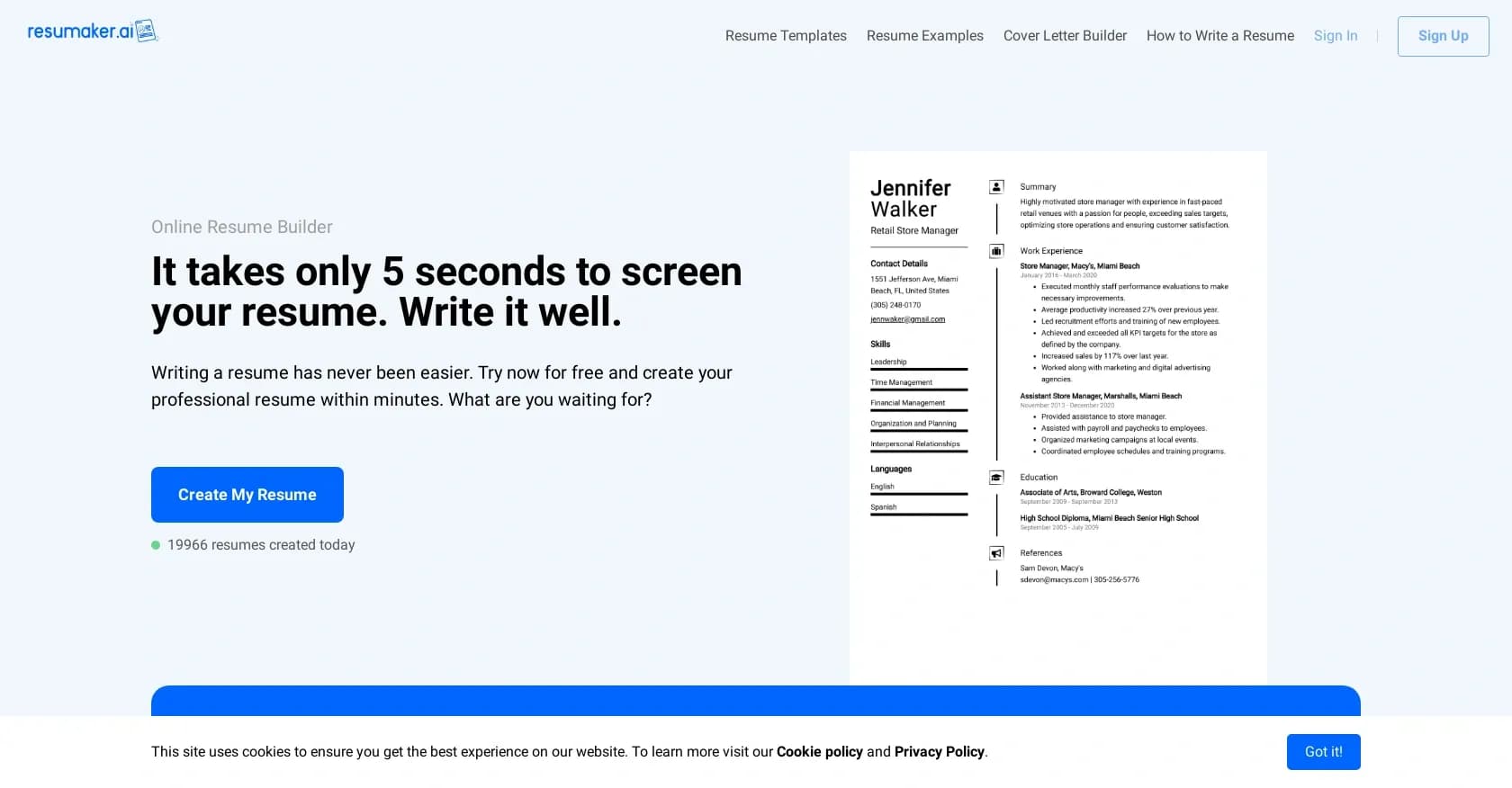 Resumaker homepage screenshot — Craft a standout resume in minutes.