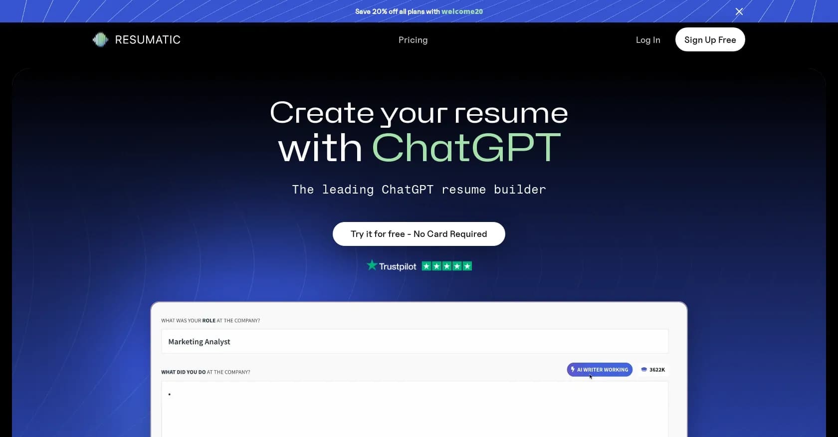 Resumatic homepage screenshot — Build your dream resume in minutes with AI