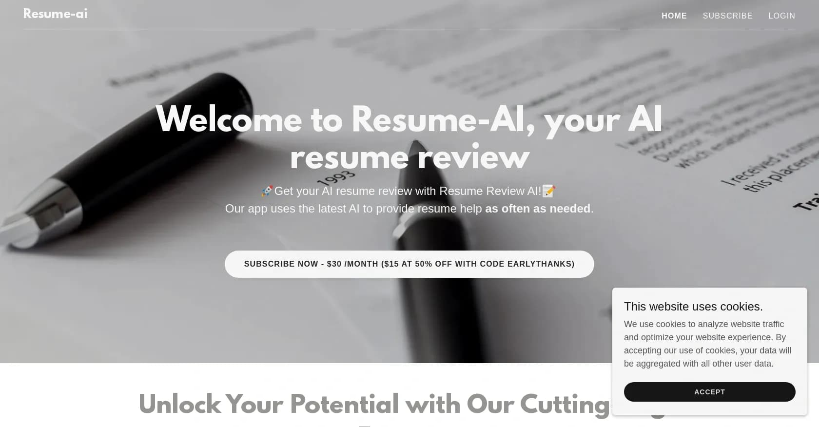 Resume AI homepage screenshot — AI-powered resume reviews to boost your job prospects.