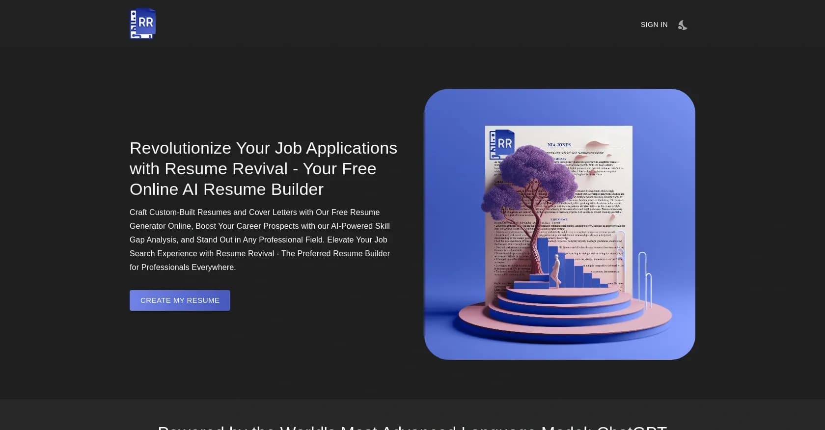 Resume revival homepage screenshot — AI-powered resume builder for tailored job applications.