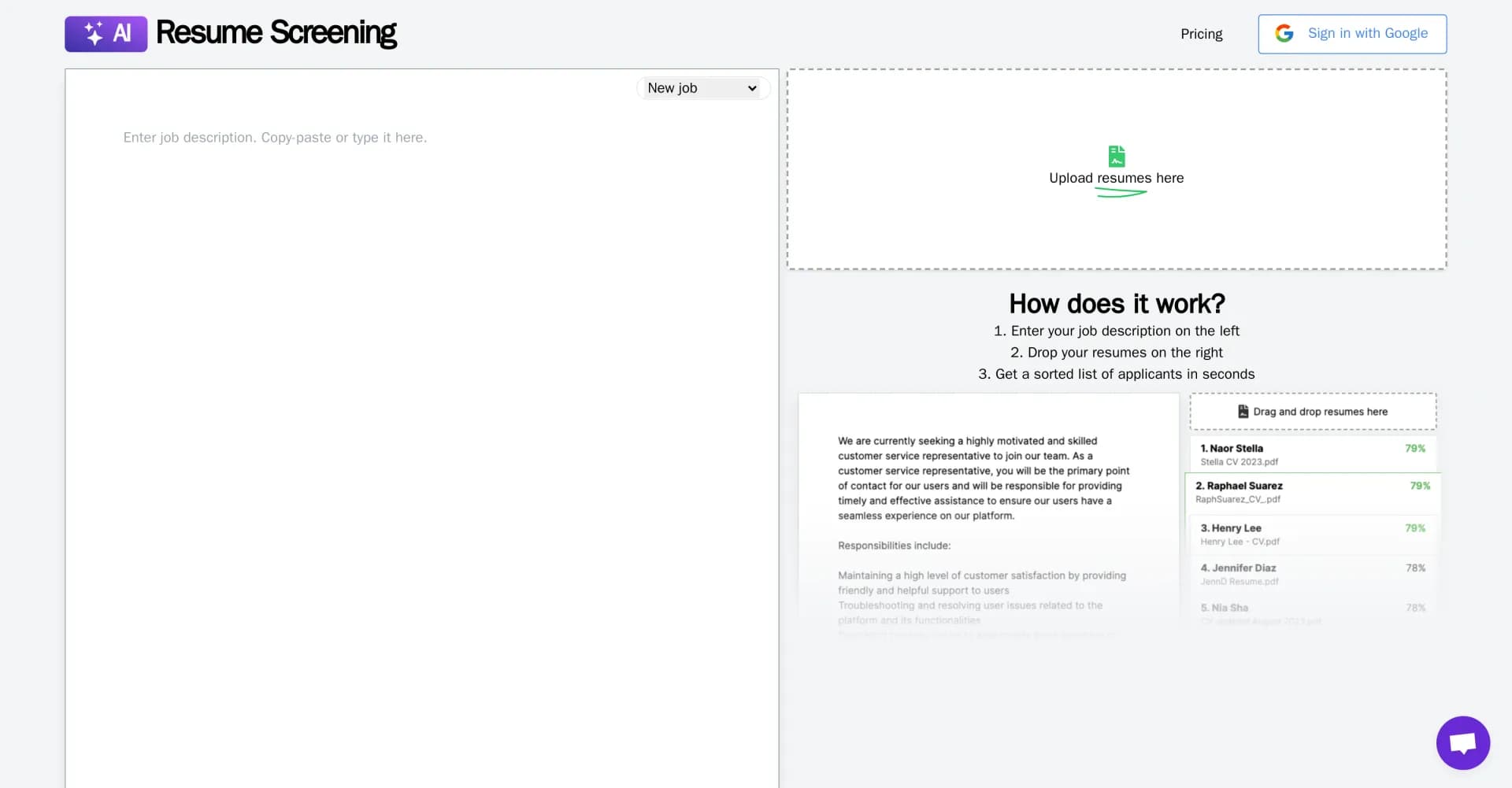 Resume Screening AI homepage screenshot — Screen resumes in bulk with AI instantly.