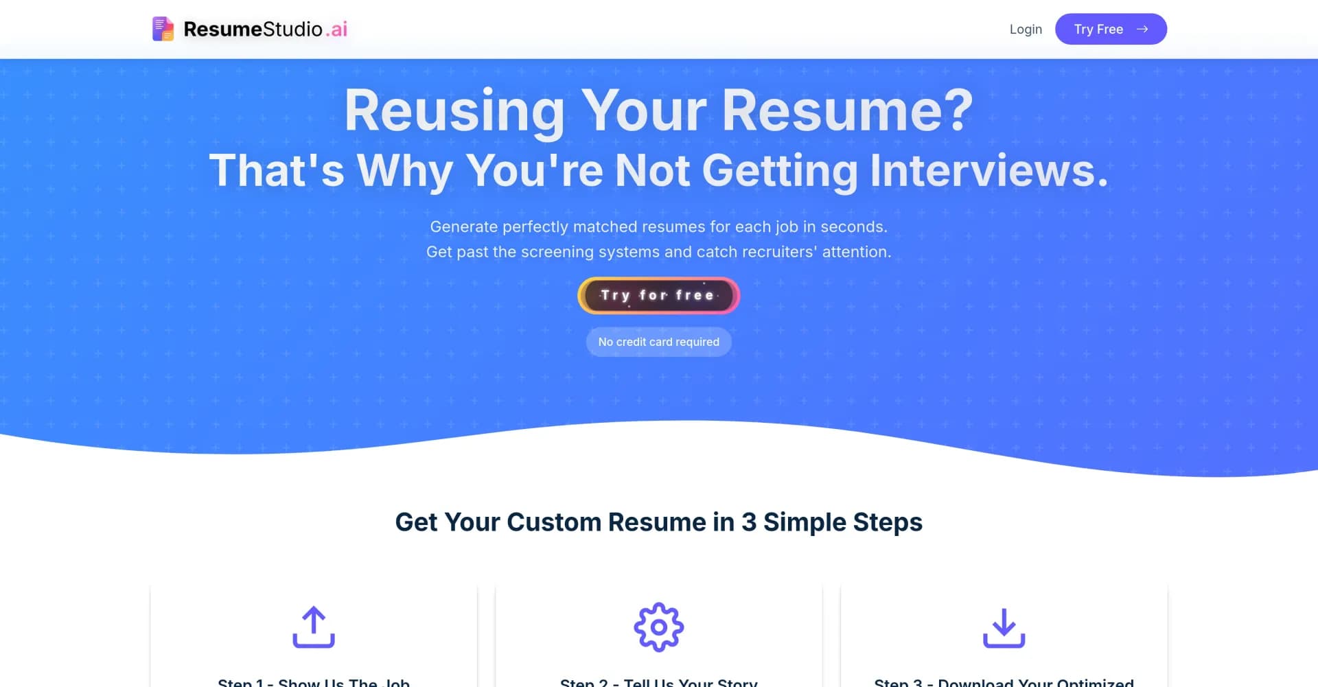 Resume Studio homepage screenshot — Generate optimized resumes for any job in seconds.