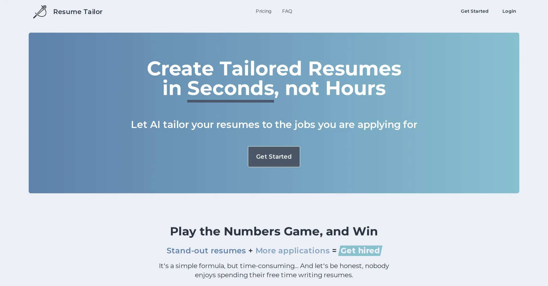 Resume Tailor homepage screenshot — AI-powered resumes tailored to your job applications