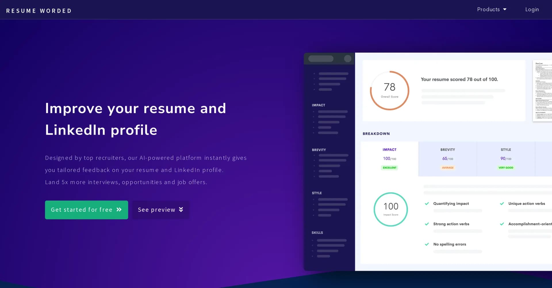 Resume Worded homepage screenshot — Get instant AI feedback on your resume and LinkedIn profile