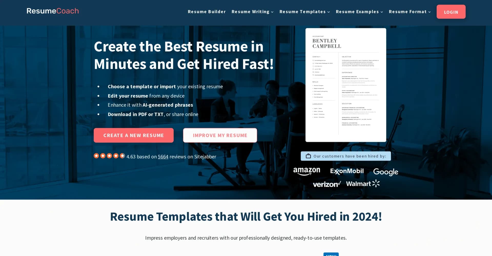 ResumeCoach homepage screenshot — Create your resume and get hired easily.