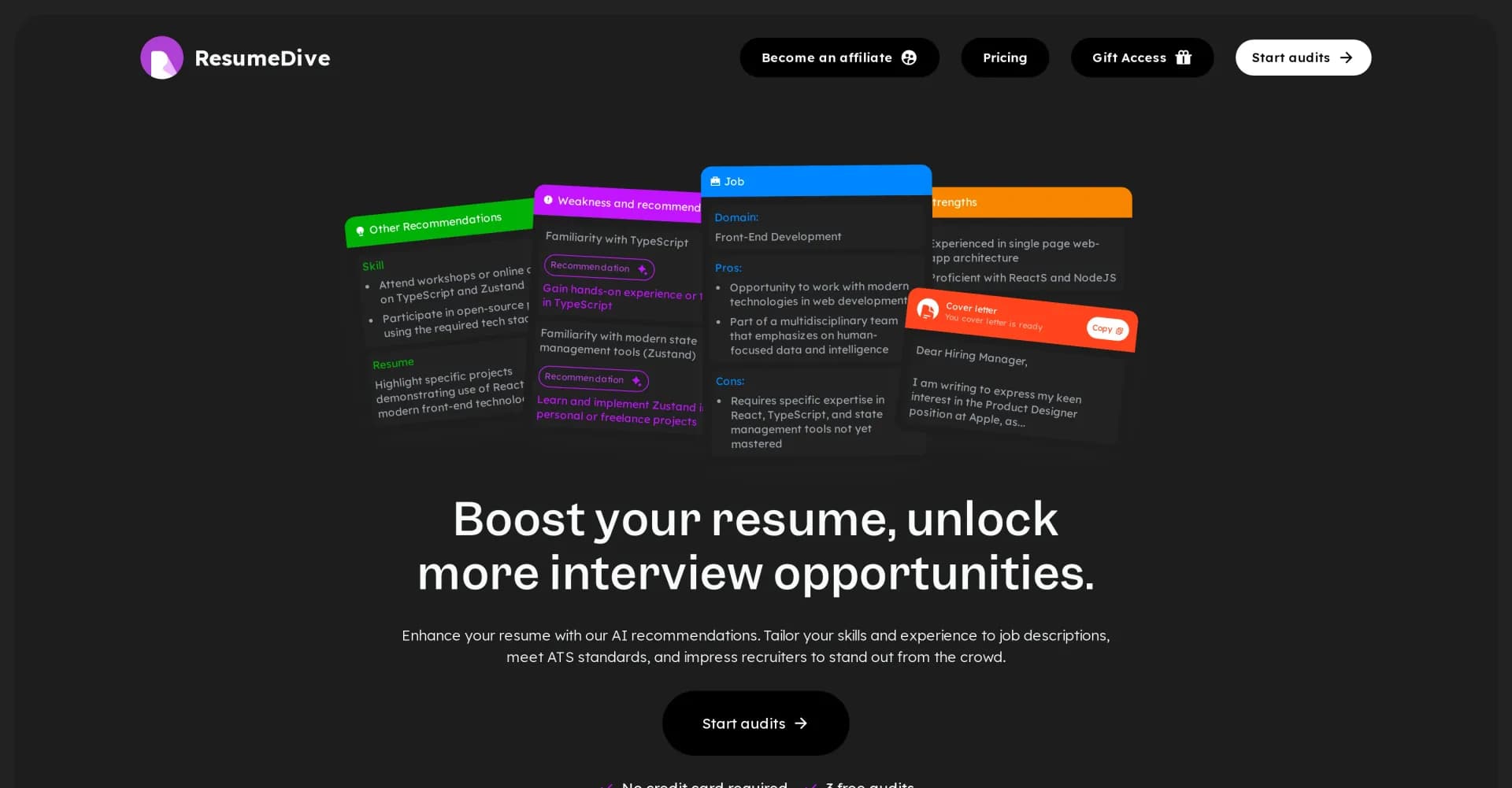 ResumeDive homepage screenshot — Supercharge your resume with AI-driven optimization.