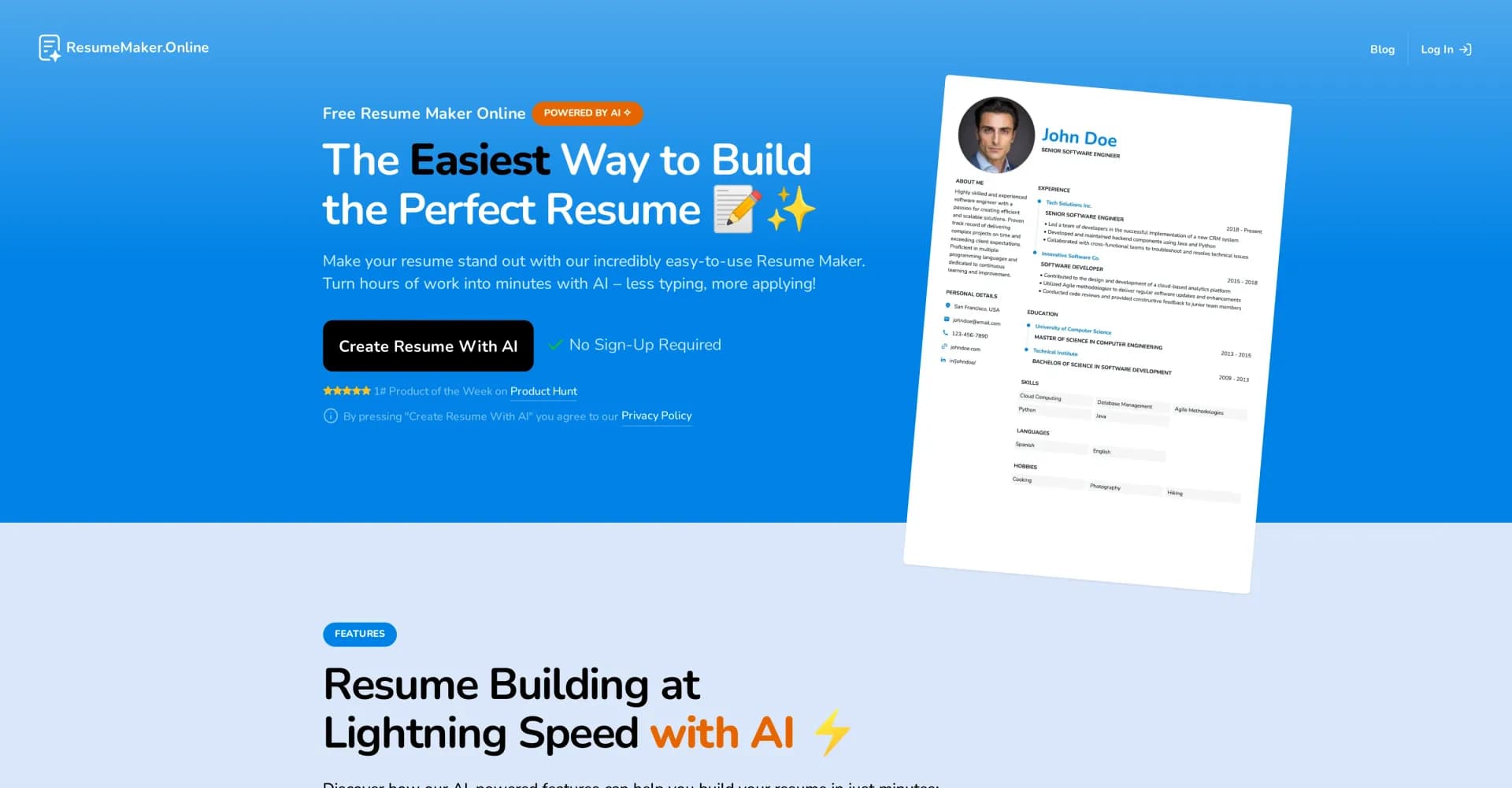 ResumeMaker.Online homepage screenshot — AI-powered resume builder: Less typing, more applying.