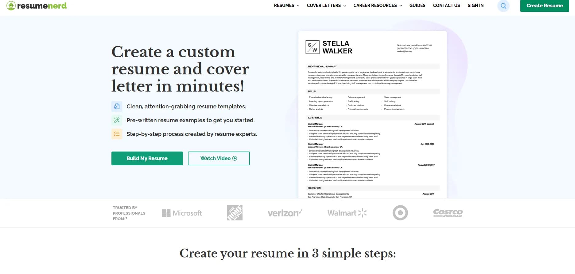 ResumeNerd homepage screenshot — Create a professional resume in minutes