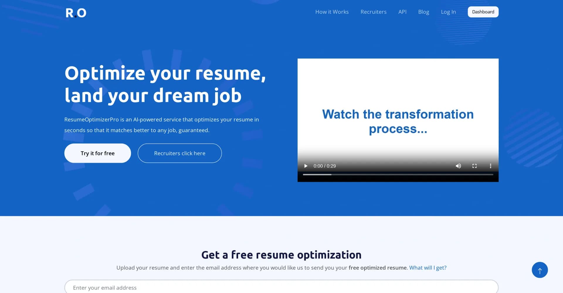 ResumeOptimizerPro homepage screenshot — AI-powered resume optimization for job success.