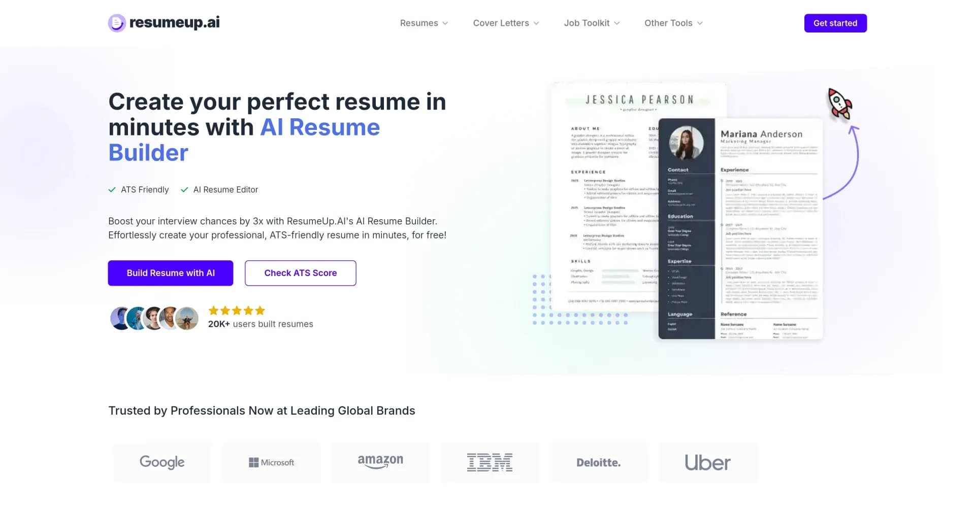 ResumeUp homepage screenshot — Build standout resumes with AI and ATS checks.