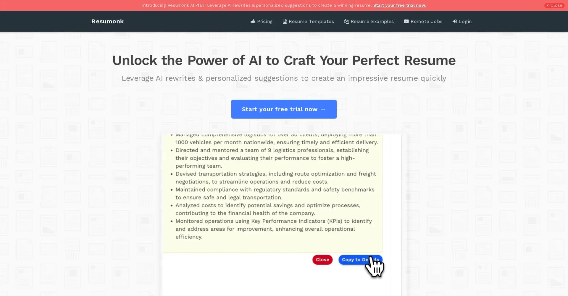Resumonk homepage screenshot — Craft your perfect resume with AI guidance