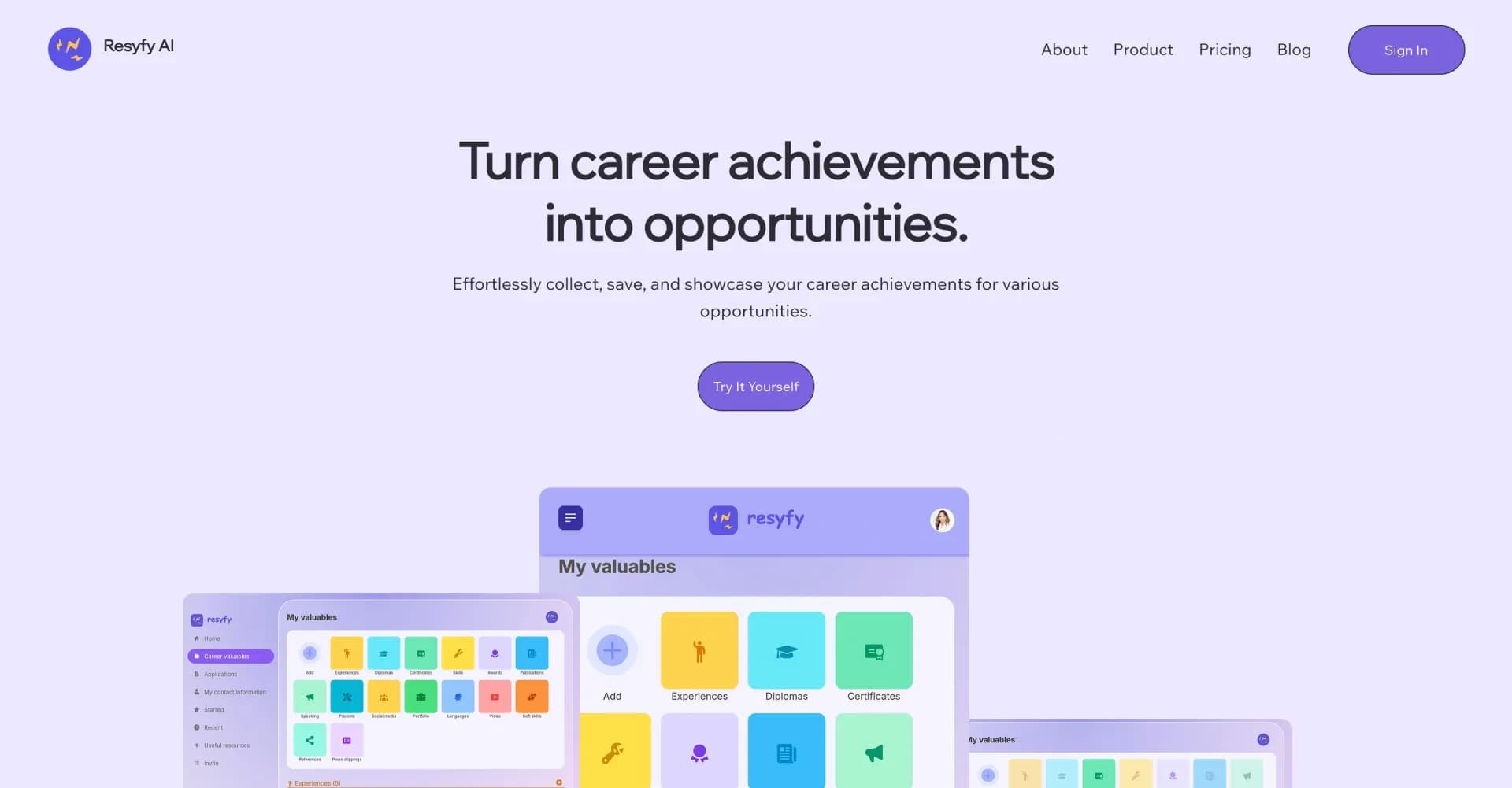 Resyfy AI homepage screenshot — Turn career achievements into opportunities.