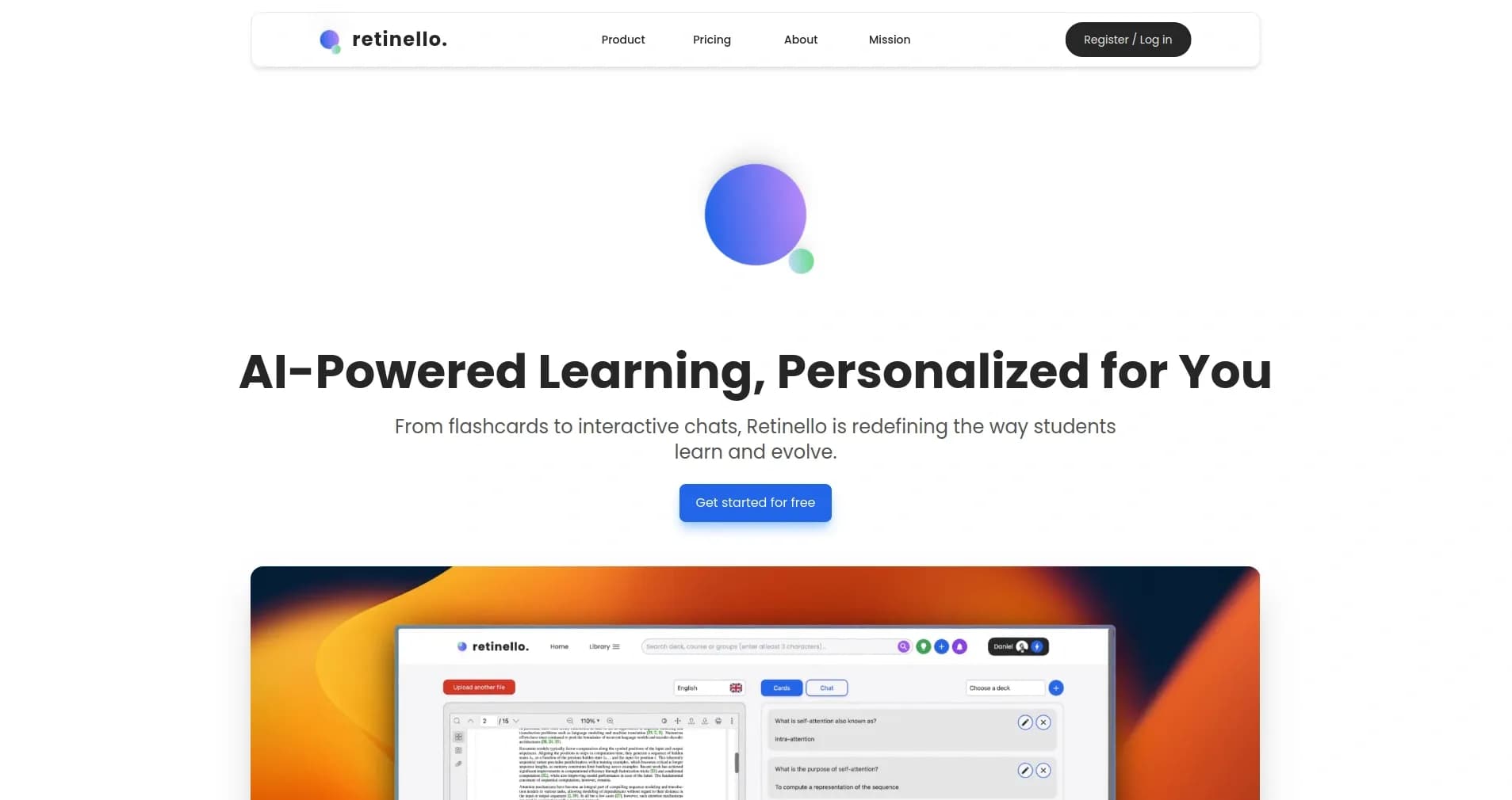 Retinello homepage screenshot — Learning platform: flashcards, conversations, questions.