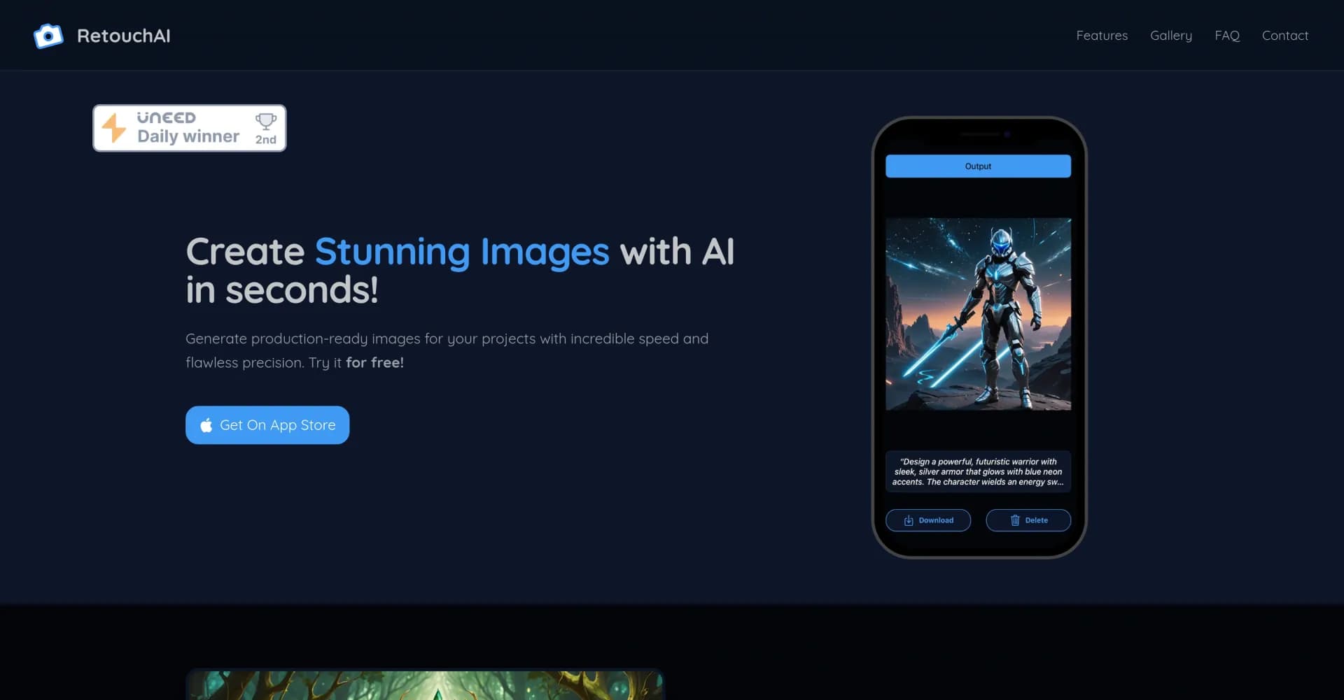 RetouchAI homepage screenshot — Create and enhance photos with AI in seconds.