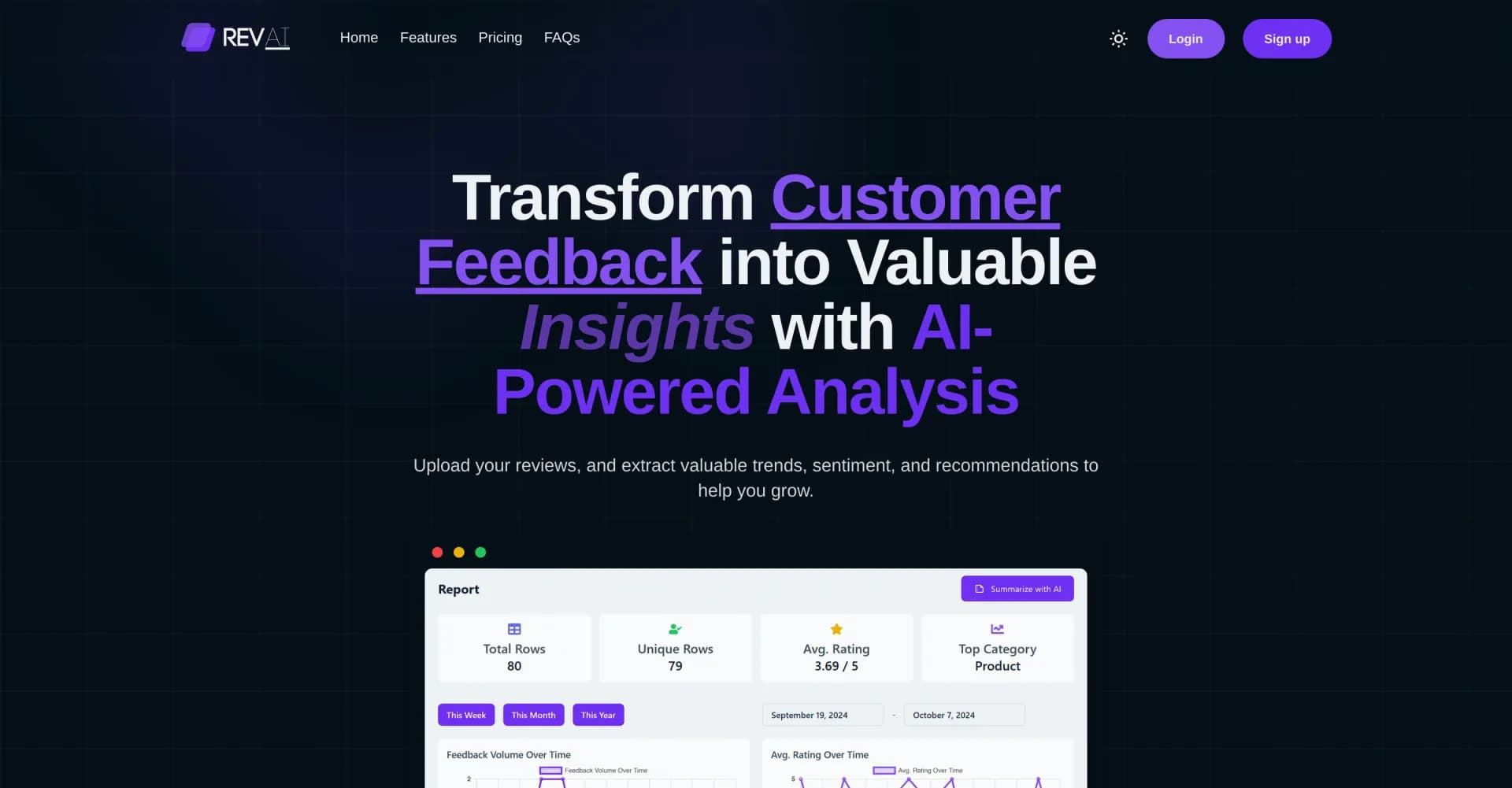 RevAI homepage screenshot — Unlock insights from customer reviews with AI