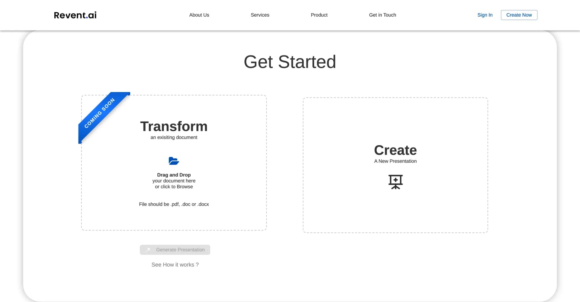 Revent.ai homepage screenshot — Create stunning presentations instantly with AI